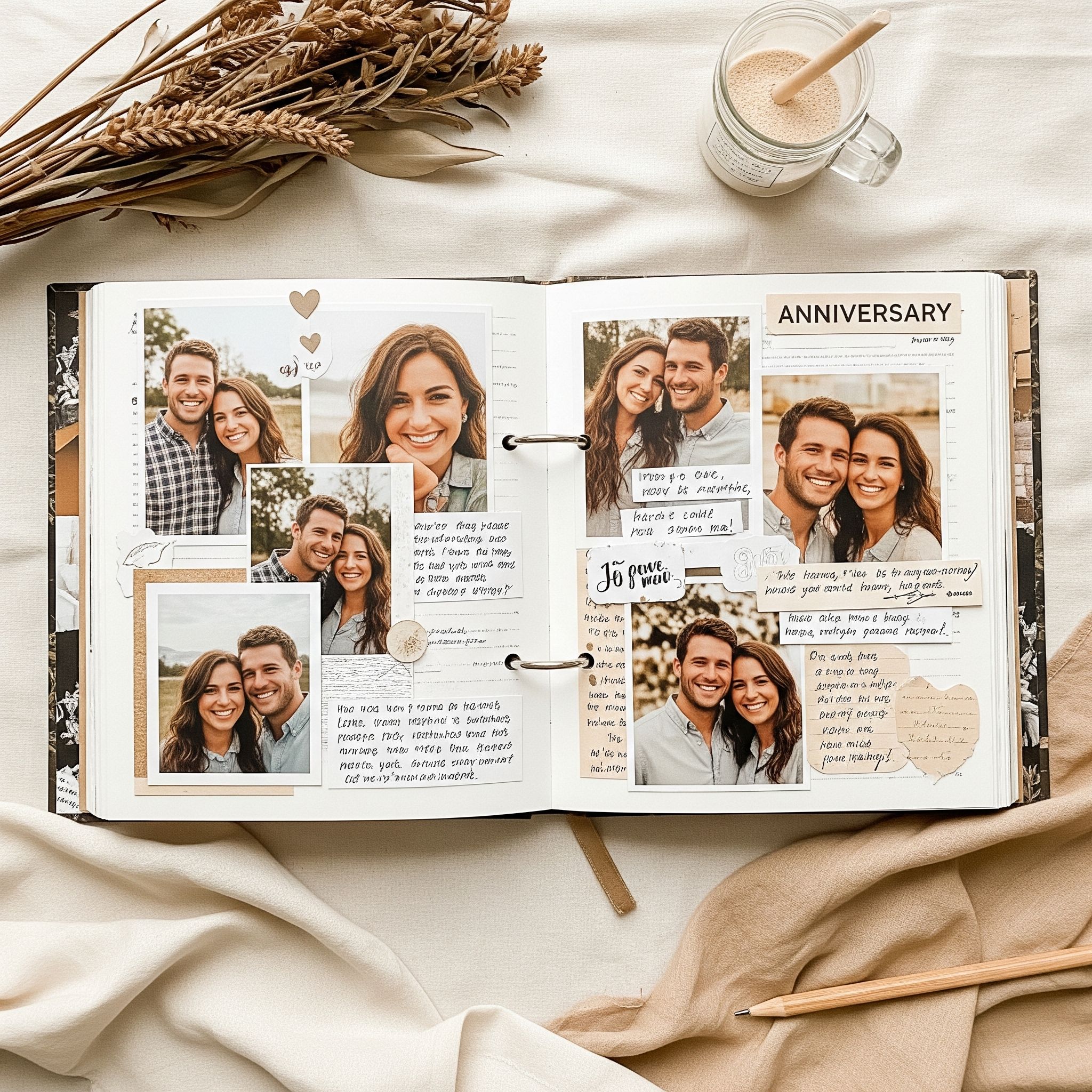 A beautifully crafted DIY anniversary scrapbook filled with photos and notes